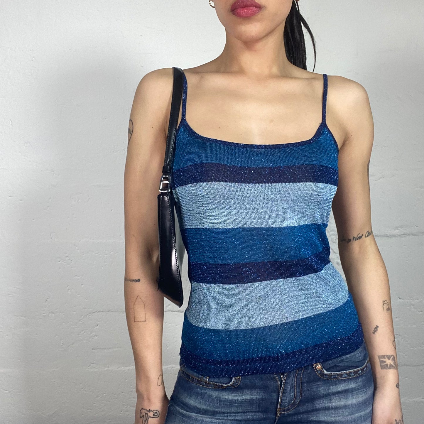 Vintage 90's Morgan Summer Clubwear Blue Shiny Striped Cami Top (S)