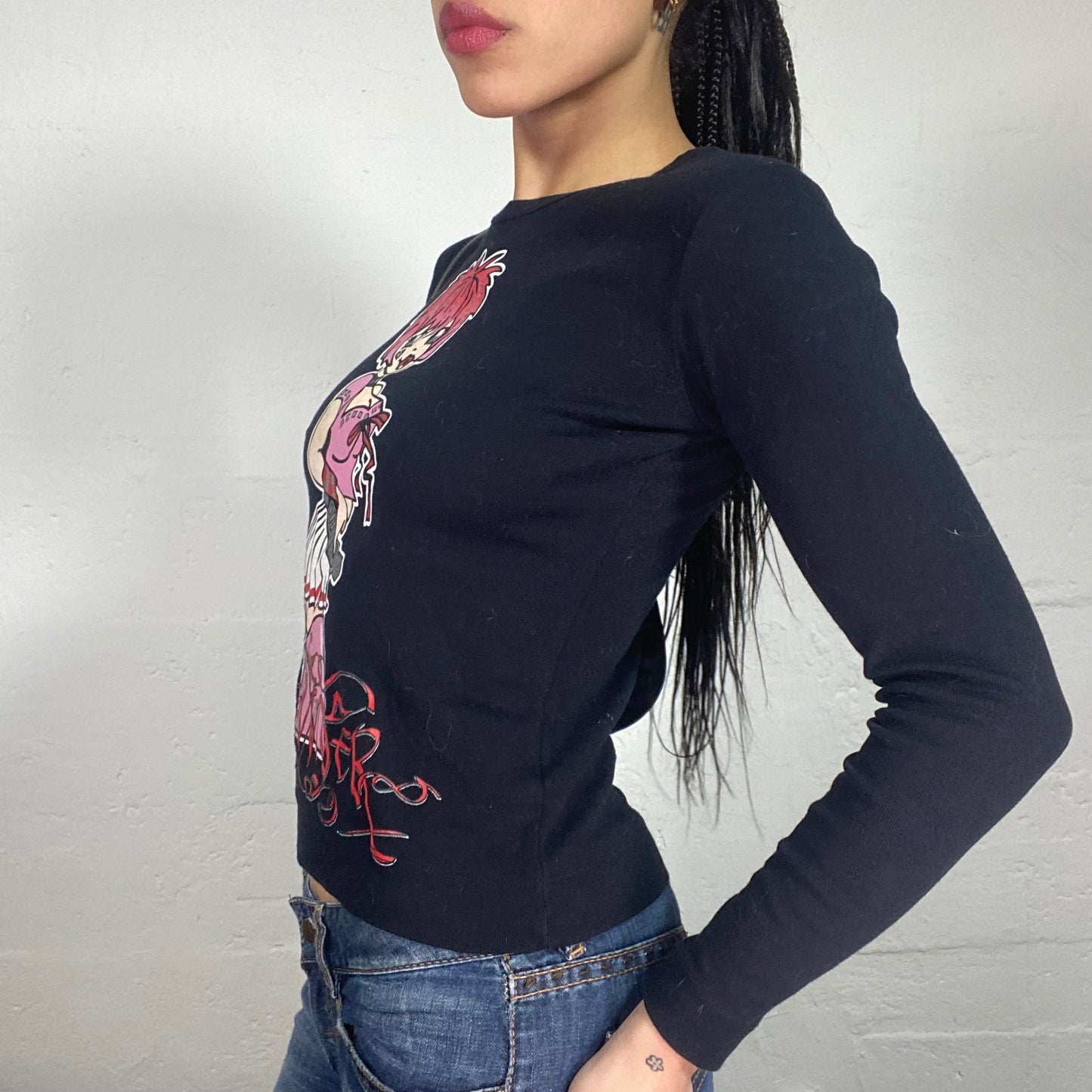 Vintage 2000's Downtown Girl Black Longsleeve Top with Girl Cartoon Print (S/M)
