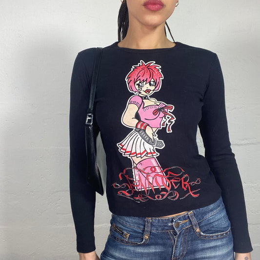 Vintage 2000's Downtown Girl Black Longsleeve Top with Girl Cartoon Print (S/M)