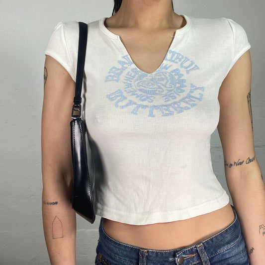 Vintage 2000's Sporty Girl White V-Neck Cut Baby Tee with Blue Print and Micro Sleeves (S)