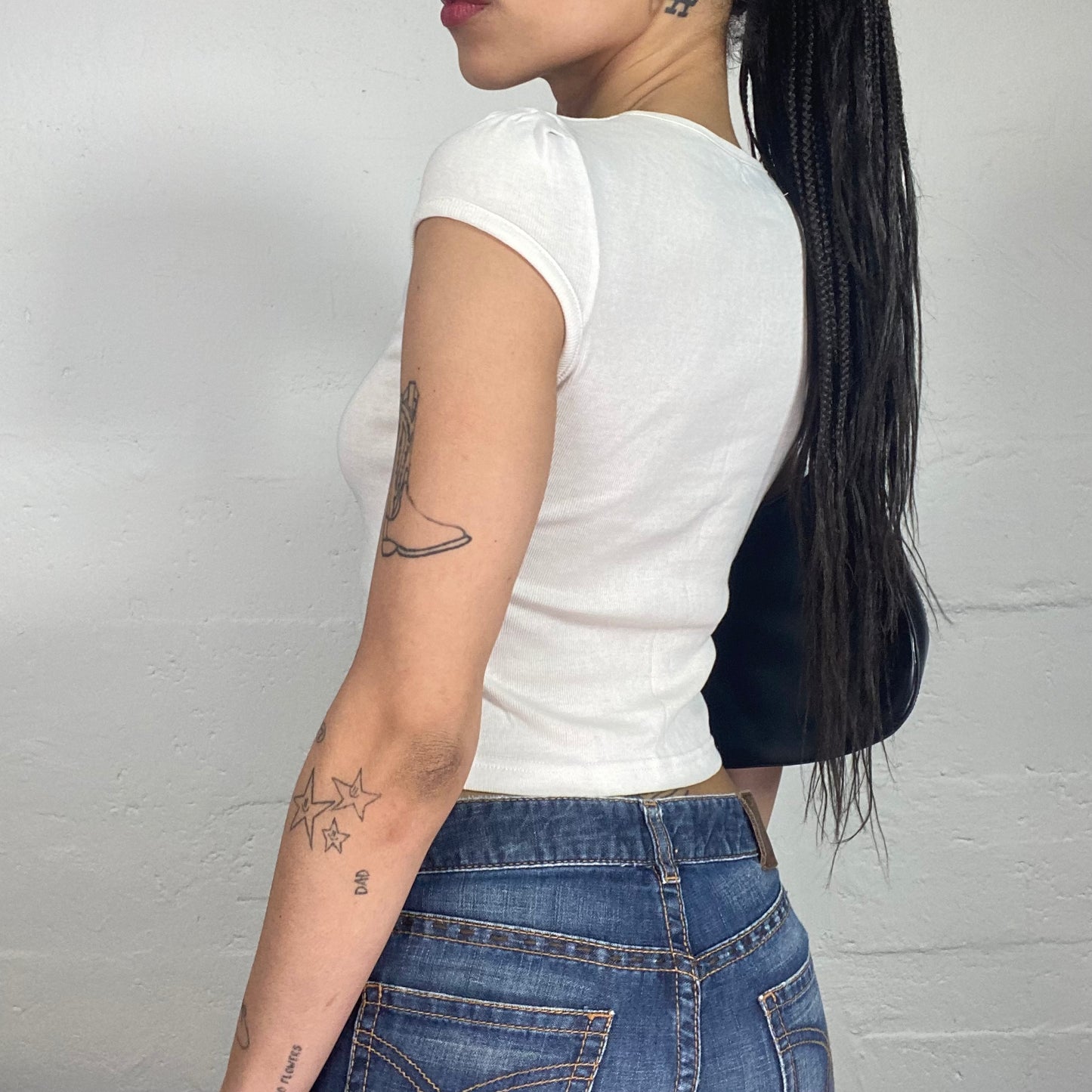Vintage 2000's Sporty Girl White V-Neck Cut Baby Tee with Blue Print and Micro Sleeves (S)