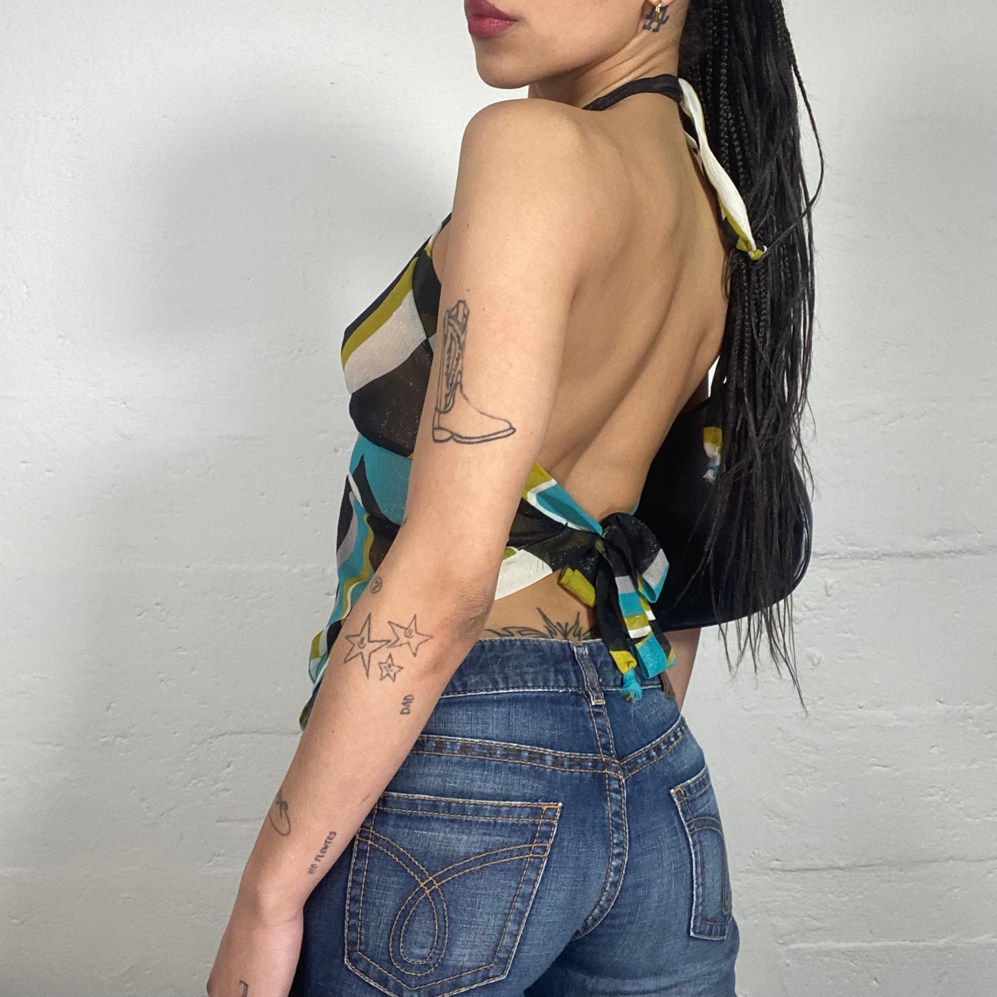 Vintage 2000's Summer Shiny Shiffon Multicoloured Printed Top with Open Back (S)