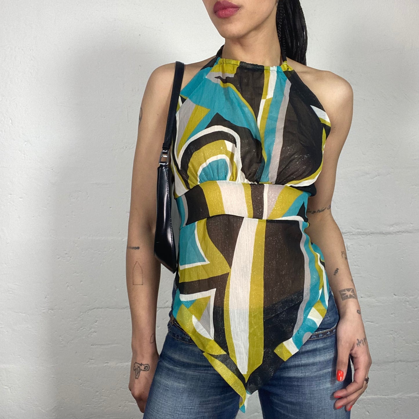 Vintage 2000's Summer Shiny Shiffon Multicoloured Printed Top with Open Back (S)