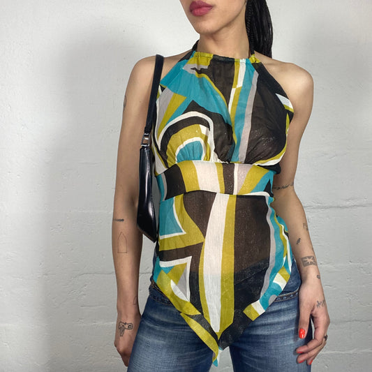 Vintage 2000's Summer Shiny Shiffon Multicoloured Printed Top with Open Back (S)