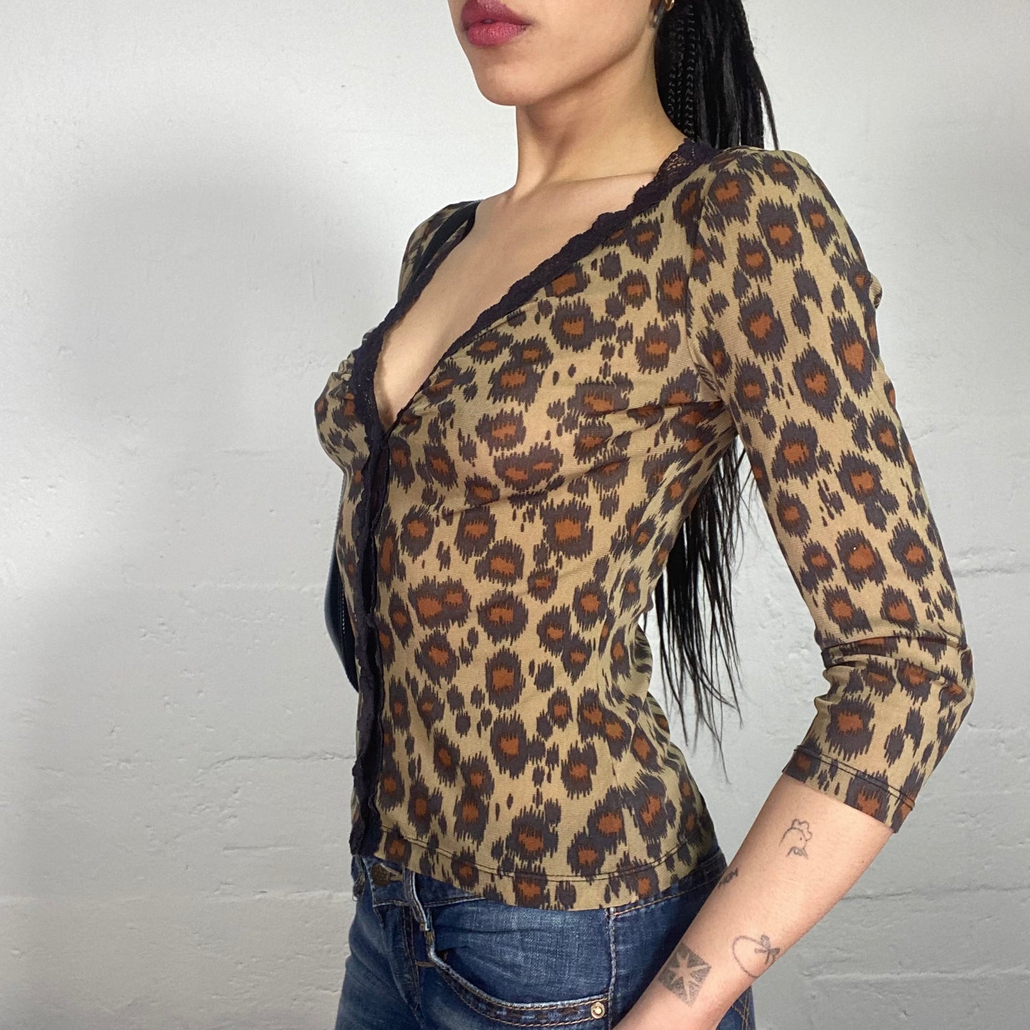 Vintage 90's Mob Wife Animal Print Button Up 3/4 Sleeve V-Neck Cut Top with Lace Trim (S)