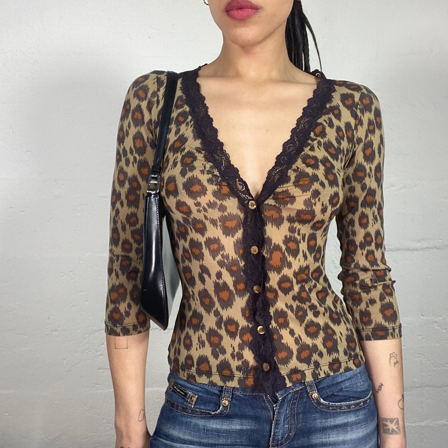 Vintage 90's Mob Wife Animal Print Button Up 3/4 Sleeve V-Neck Cut Top with Lace Trim (S)