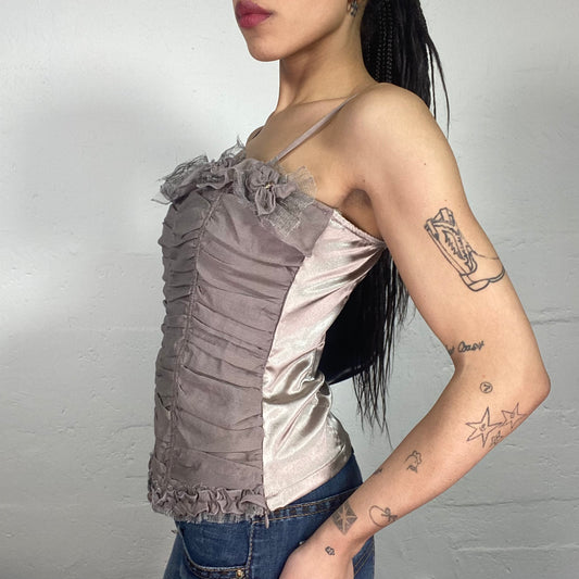 Vintage 90's Coquette Style Romantic Shiffon Covered Warm Grey Corset Corset Top with Ruffles (S)