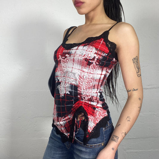 Vintage 2000's Vampy Red and White Checkered Printed Cami Top with Black Lace Trim (S)
