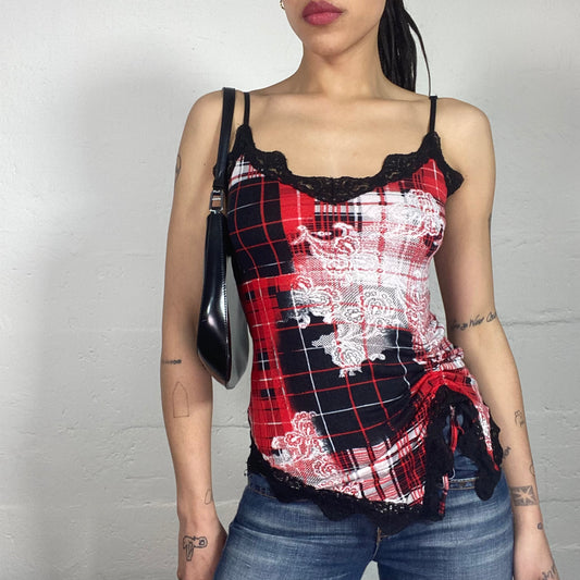Vintage 2000's Vampy Red and White Checkered Printed Cami Top with Black Lace Trim (S)