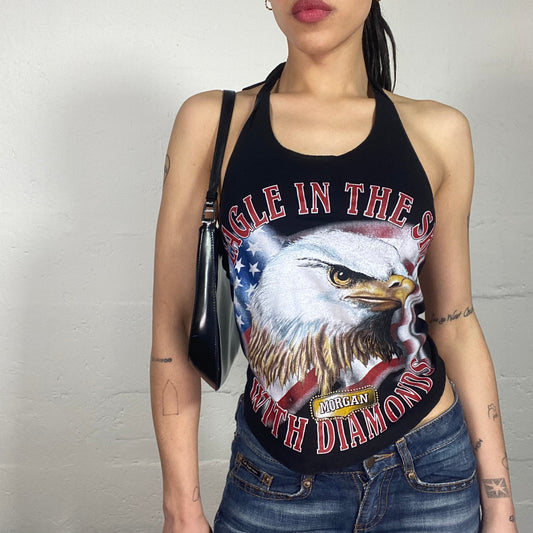 Vintage 2000's Summer Biker Girl Black Top with Open Back and USA Eagle Print (S)
