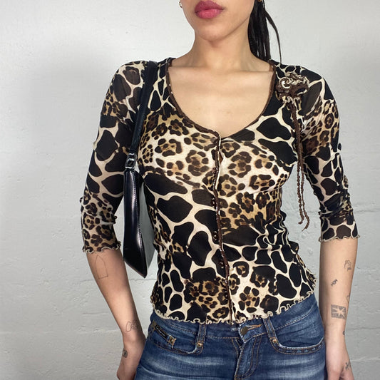 Vintage 90's Mob Wife Cheetah Print 2/4 Sleeve V-Neck Top (XS/S)