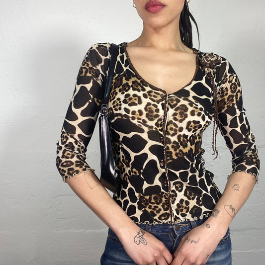 Vintage 90's Mob Wife Cheetah Print 2/4 Sleeve V-Neck Top (XS/S)