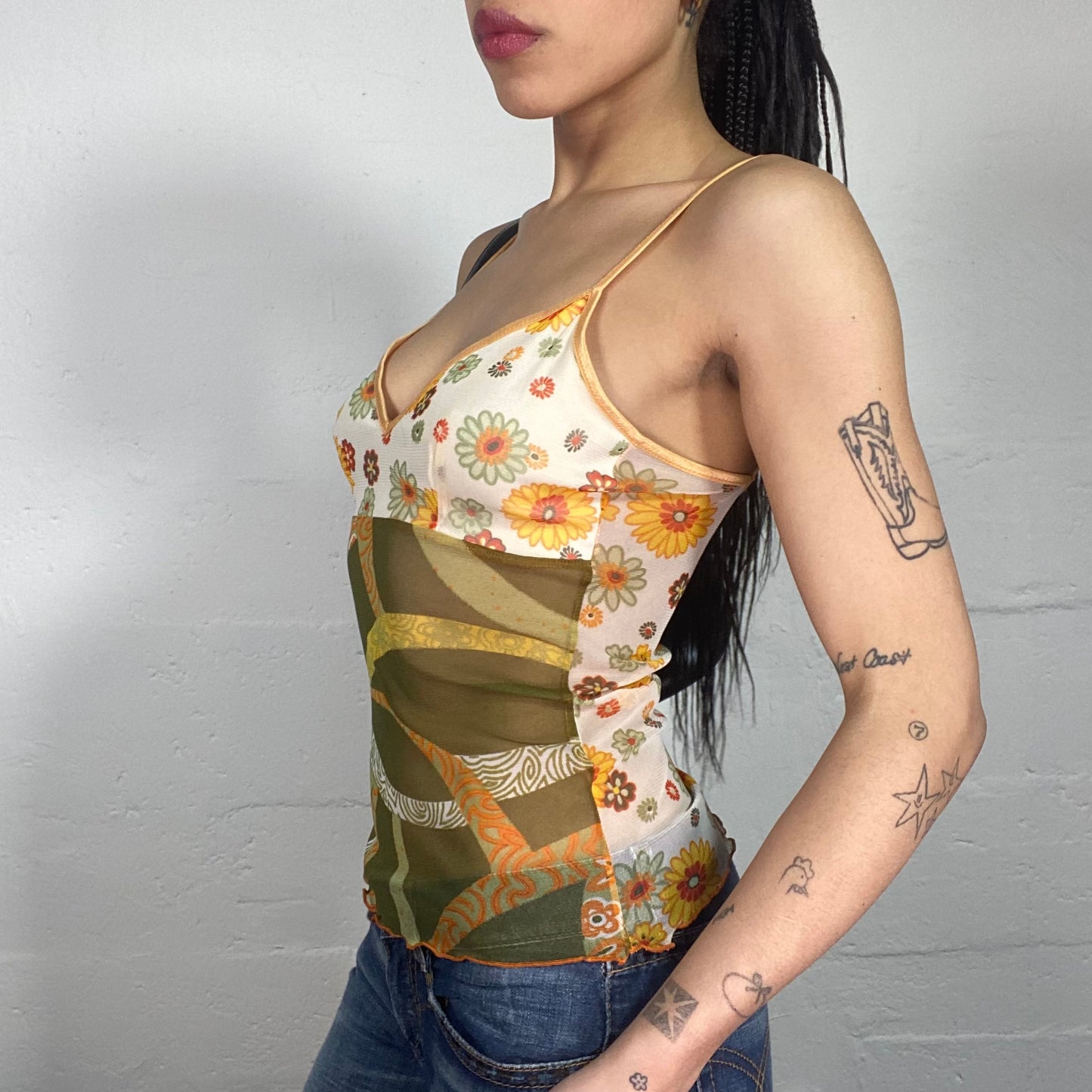 Vintage 90's Morgan Boho Multicoloured Printed Shiffon Cami Top with Floral Bra (S)