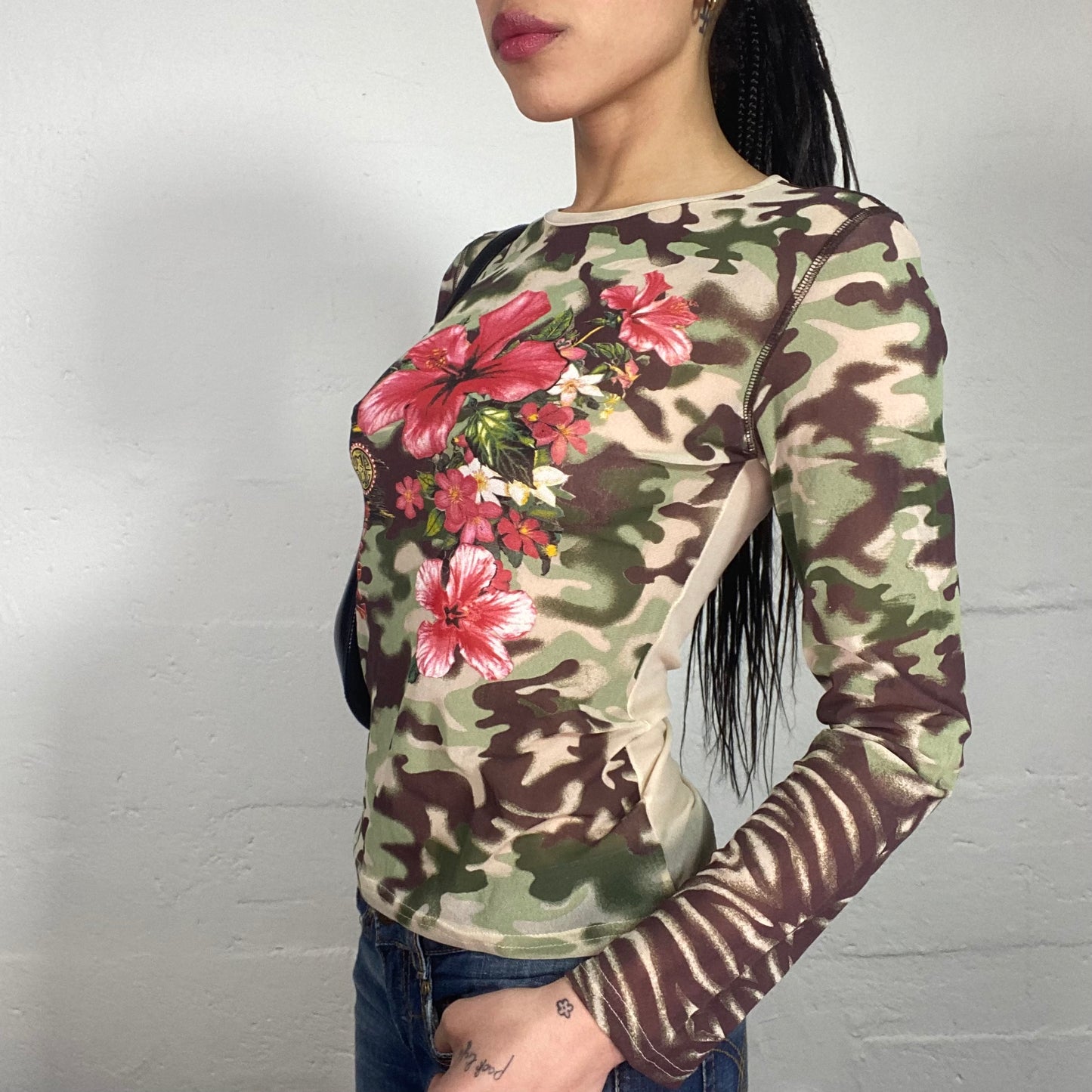 Vintage 90's Morgan Skater Girl Camouflage Khaki Longsleeve Top with Flower Printed Details (S)