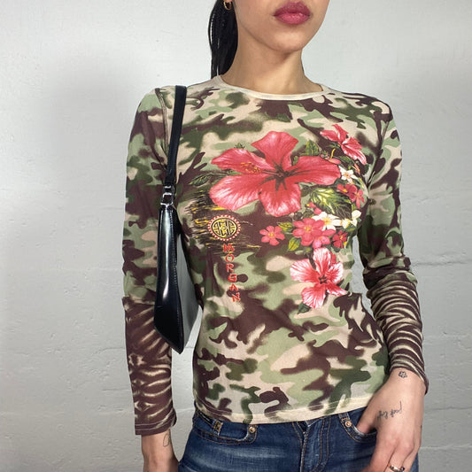 Vintage 90's Morgan Skater Girl Camouflage Khaki Longsleeve Top with Flower Printed Details (S)