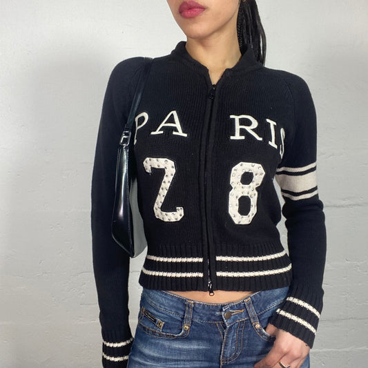 Vintage 90's Cozy Downtown Girl Black Knitted Zip Up Pullover with Contrast White "PARIS" Print (S)