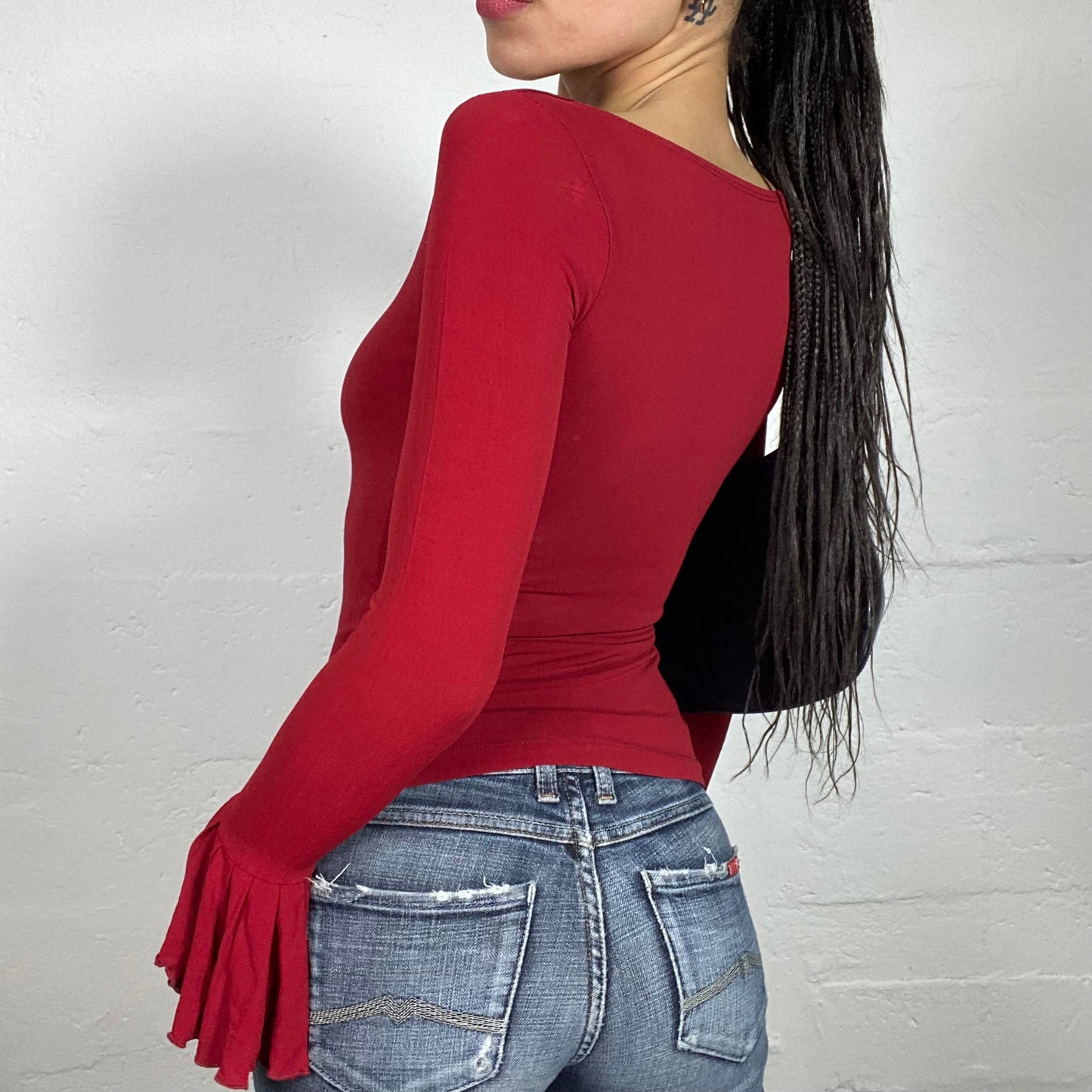 Vintage 90's Vampy Girl Cherry Red Longsleeve Slim Fitted Top with Sleeve Ruffles (S)