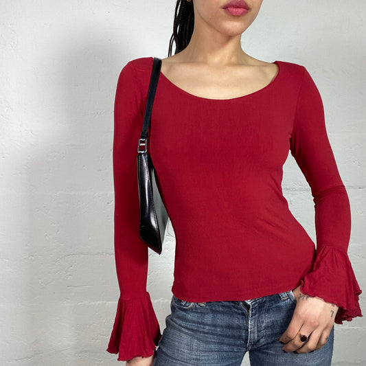 Vintage 90's Vampy Girl Cherry Red Longsleeve Slim Fitted Top with Sleeve Ruffles (S)