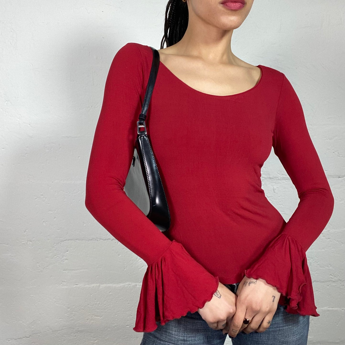 Vintage 90's Vampy Girl Cherry Red Longsleeve Slim Fitted Top with Sleeve Ruffles (S)