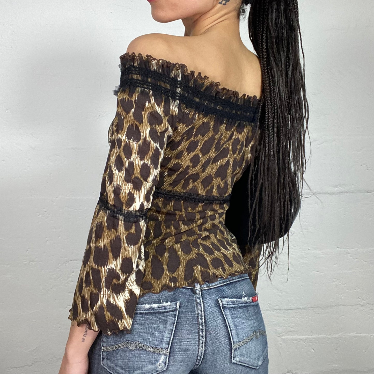 Vintage 90's Cheetah Girl Off Shoulder Animal Print Top with Shoulder Ruffled Details (S)