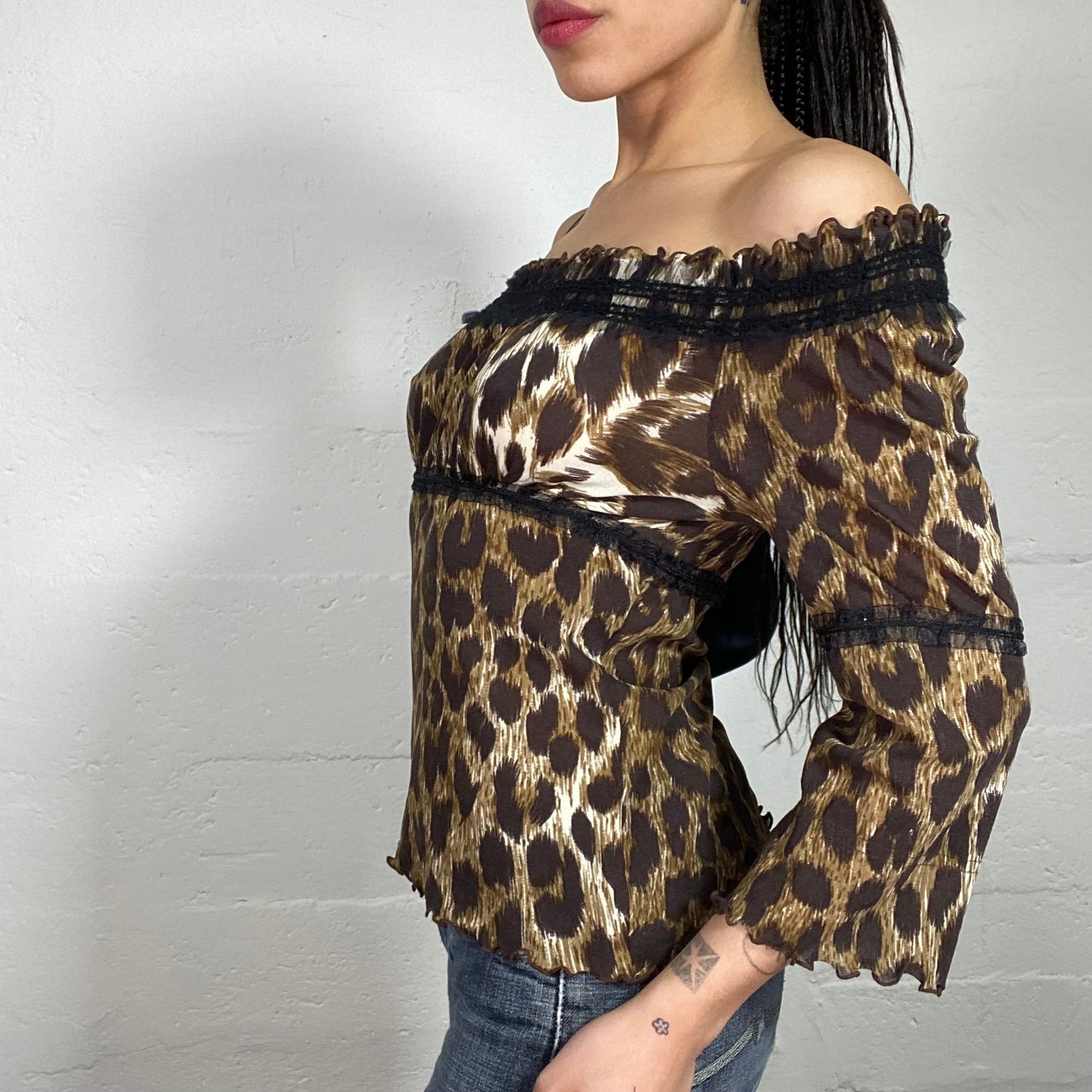 Vintage 90's Cheetah Girl Off Shoulder Animal Print Top with Shoulder Ruffled Details (S)