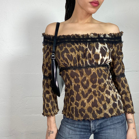 Vintage 90's Cheetah Girl Off Shoulder Animal Print Top with Shoulder Ruffled Details (S)