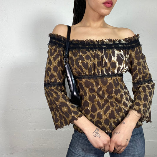 Vintage 90's Cheetah Girl Off Shoulder Animal Print Top with Shoulder Ruffled Details (S)