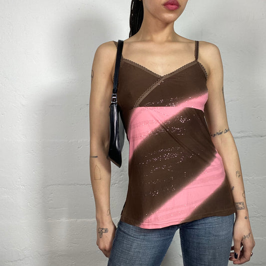 Vintage 2000's Cute Girl Brown and Pink Shiny Crossed Cami Top with Side Slit (S)