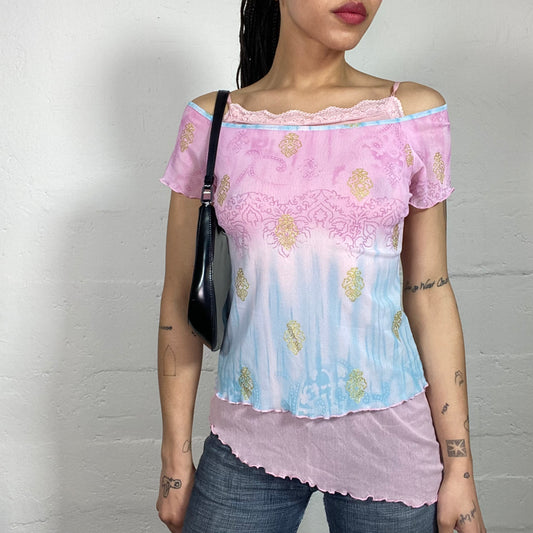 Vintage 90's Boho Romantic Pink Off Shoulder Shiffon Printed Asymmetric Cut Top with Lace Detail (S)