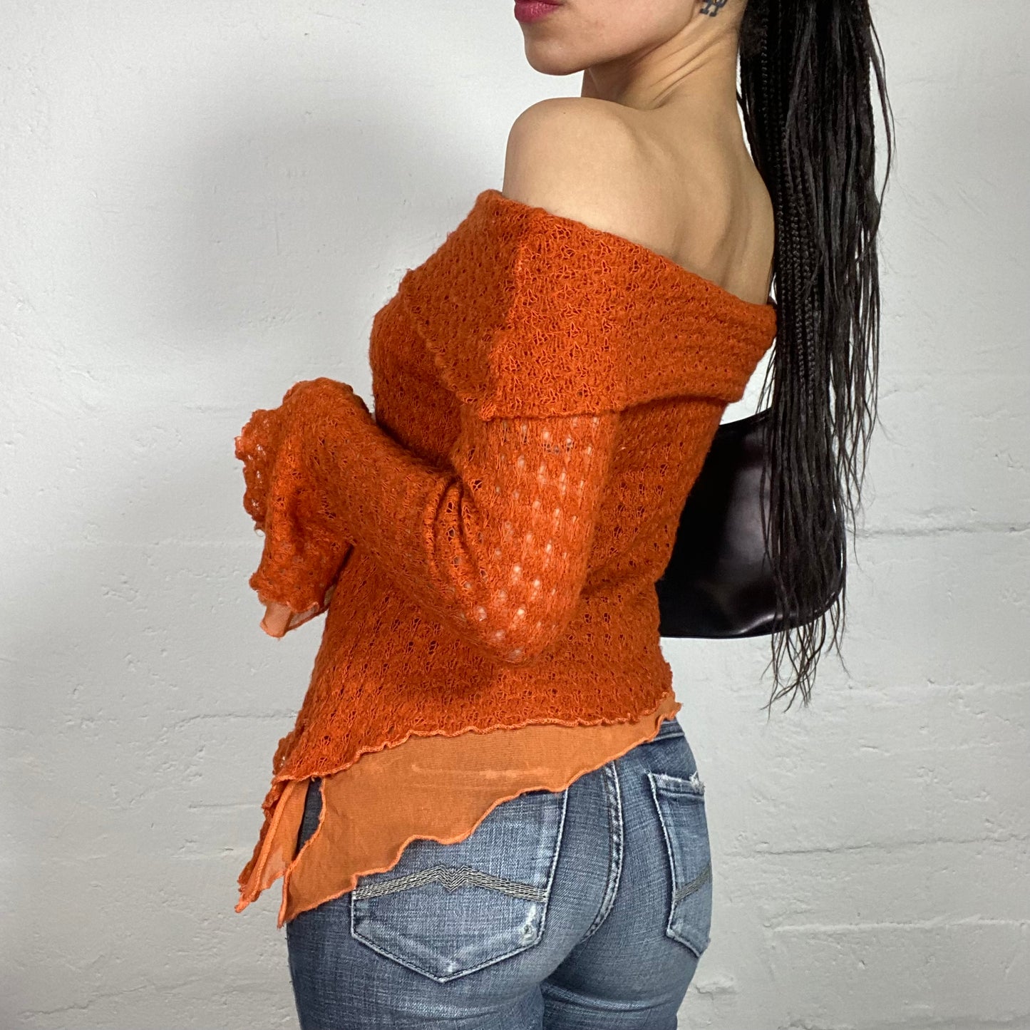 Vintage 90's Fairy Off Shoulder Orange Asymmetric Knitted Top with Shiffon Details (S/M)