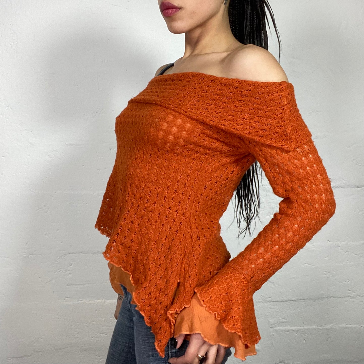 Vintage 90's Fairy Off Shoulder Orange Asymmetric Knitted Top with Shiffon Details (S/M)