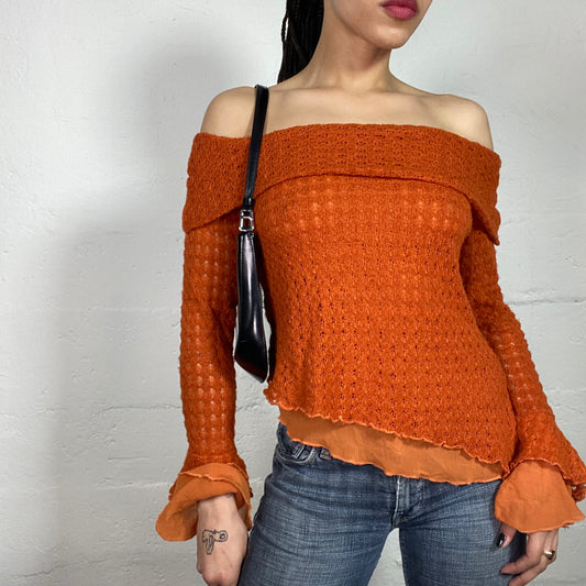 Vintage 90's Fairy Off Shoulder Orange Asymmetric Knitted Top with Shiffon Details (S/M)