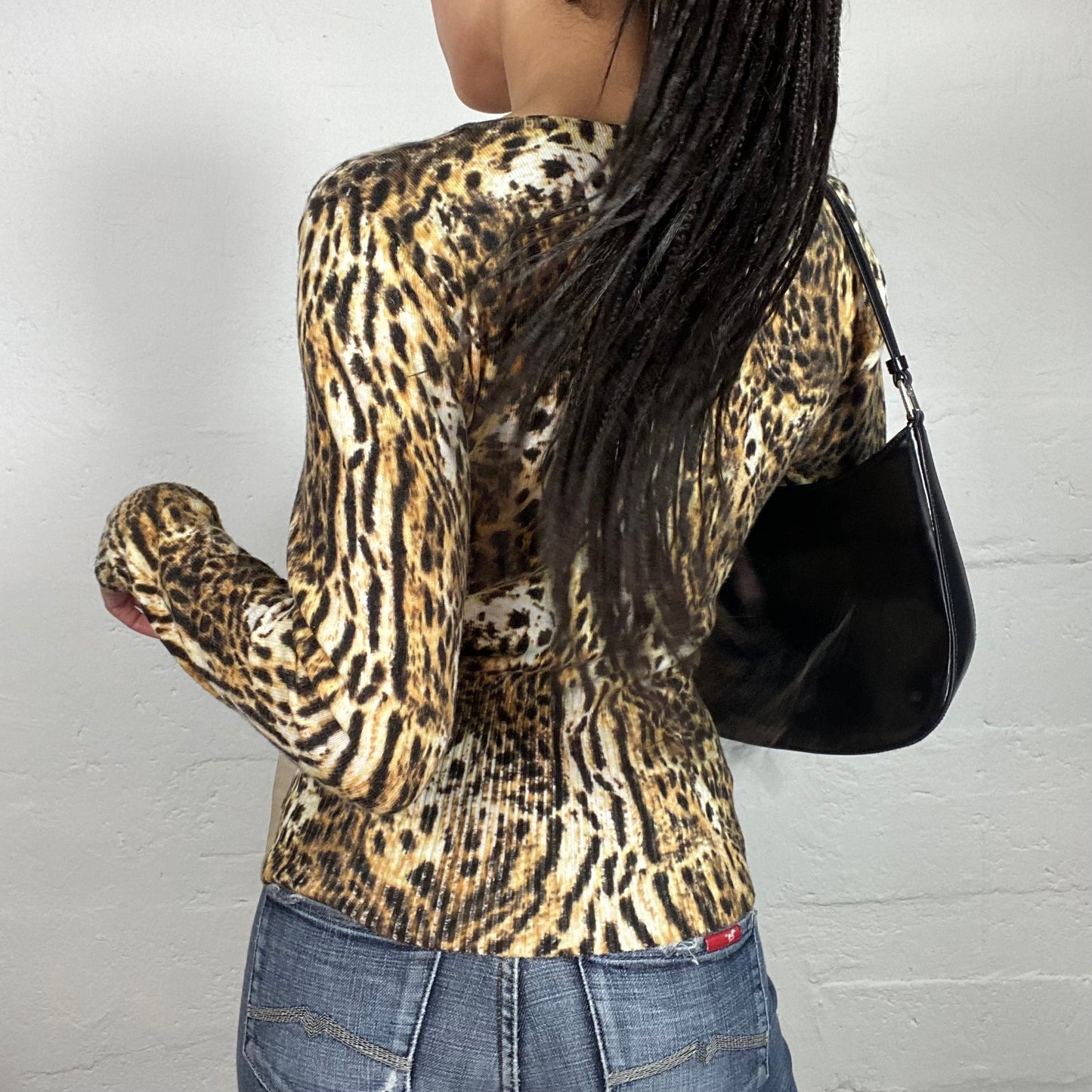 Vintage 90's Cheetah Girl Knitted Animal Print Pullover/Top with Side Ribbon Binding (M)