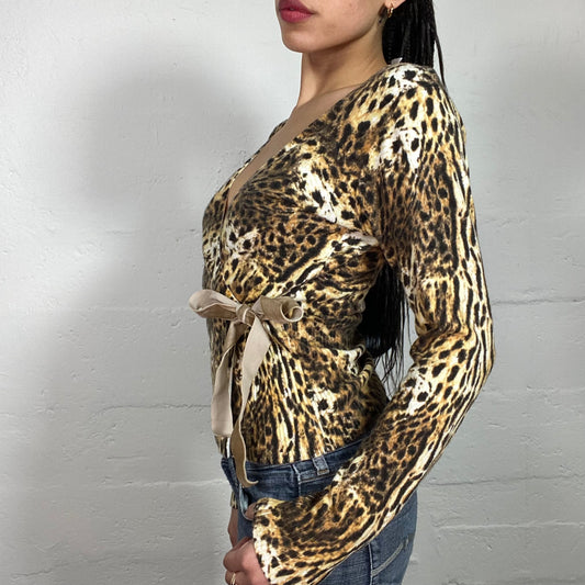 Vintage 90's Cheetah Girl Knitted Animal Print Pullover/Top with Side Ribbon Binding (M)