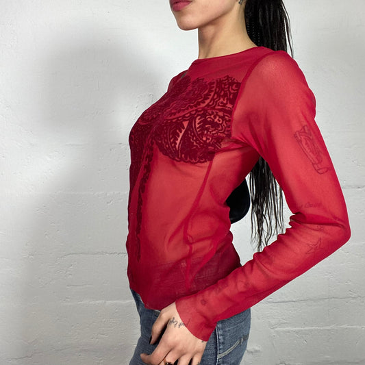 Vintage 90's Boho Mesh See-Through Red Longsleeved Top with Matching Tone Print (M)