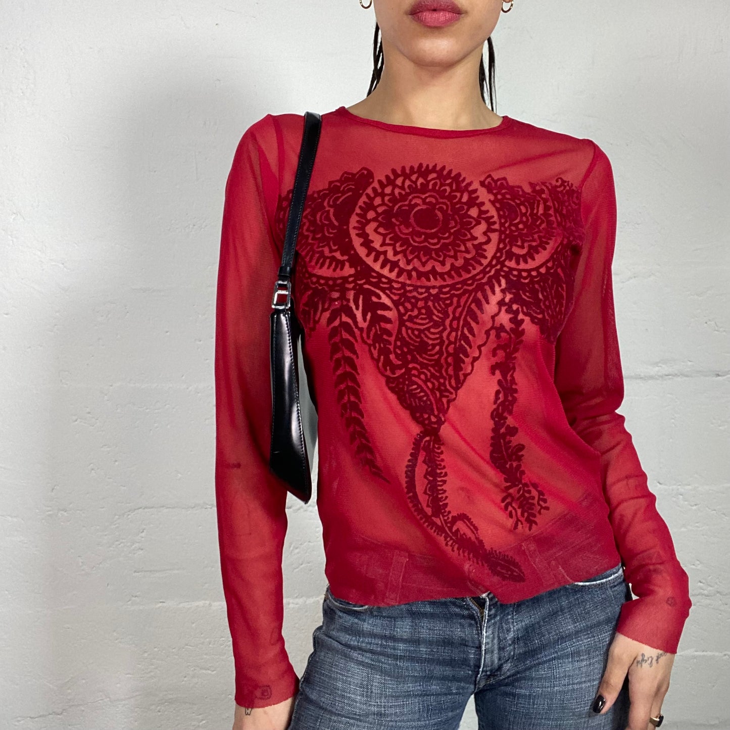 Vintage 90's Boho Mesh See-Through Red Longsleeved Top with Matching Tone Print (M)