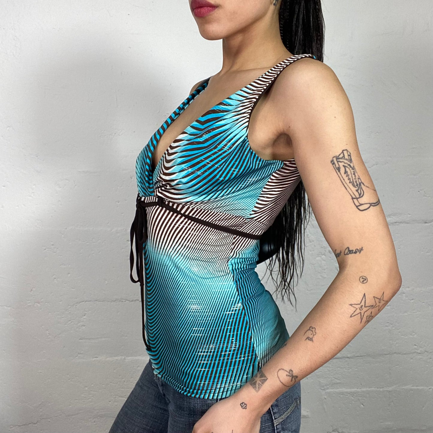 Vintage 2000's Funky Blue Sleeveless Top with Futuristic Print and Black Ribbon Detail (S)