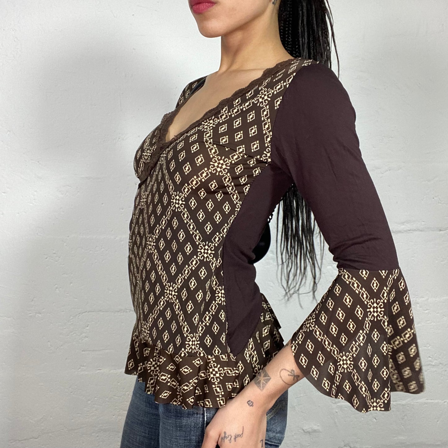 Vintage 90's Indie Girl Brown Printed Top with Lace Details and Crochet Back (S)