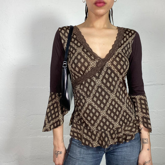 Vintage 90's Indie Girl Brown Printed Top with Lace Details and Crochet Back (S)