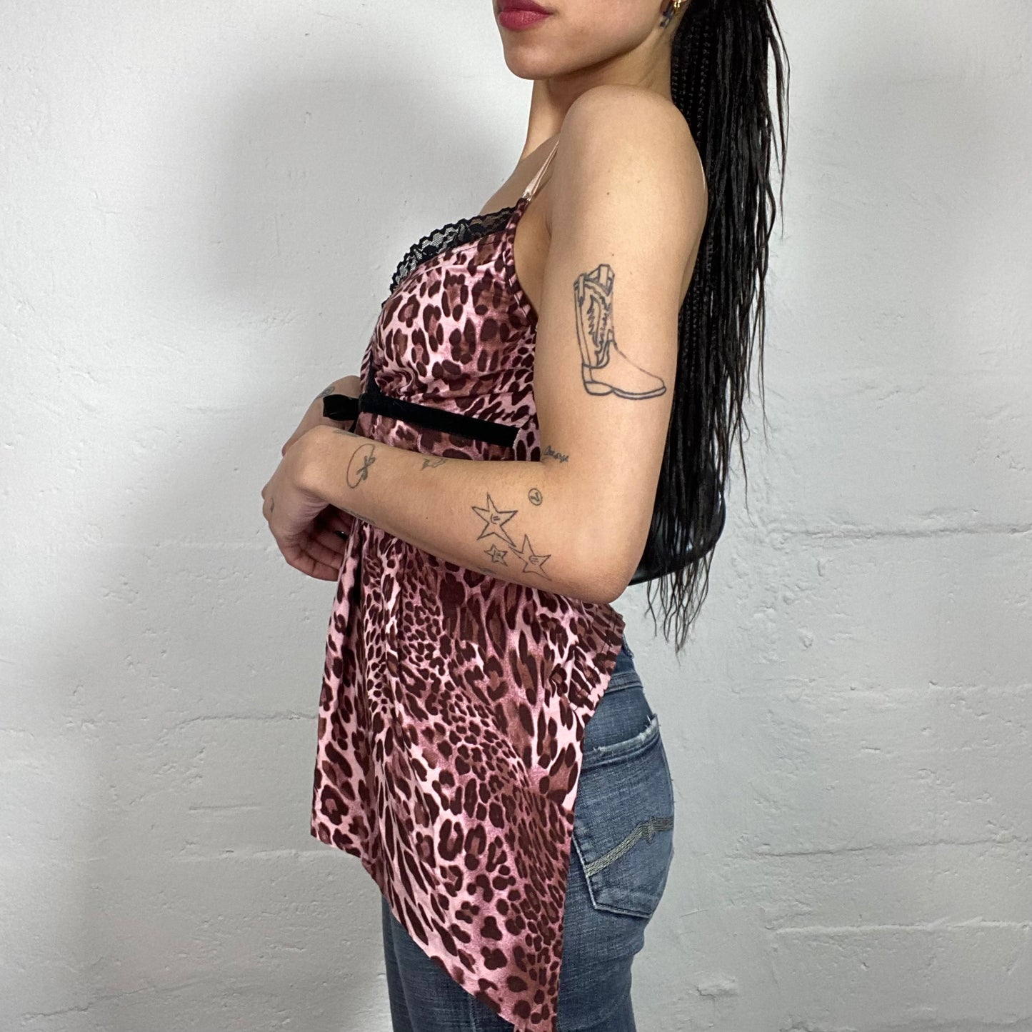 Vintage 2000's Glamorous Cheetah Girl Pink Animal Print Asymmetric Cami Top with Black Lace Trim and Velour Ribbon Details (S)