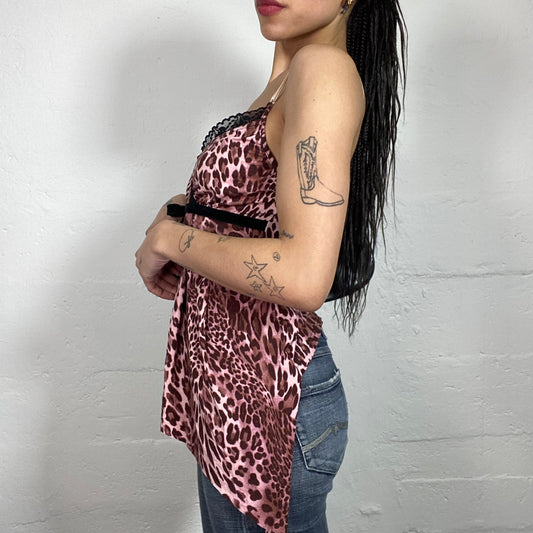 Vintage 2000's Glamorous Cheetah Girl Pink Animal Print Asymmetric Cami Top with Black Lace Trim and Velour Ribbon Details (S)