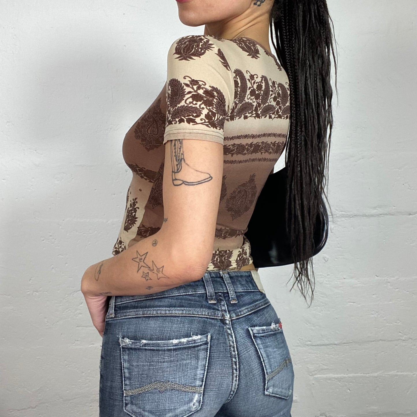 Vintage 90's Boho Style Printed Brown and Beige Cropped Tee with Paisley Print (S)