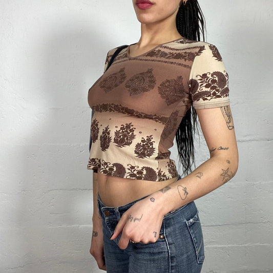 Vintage 90's Boho Style Printed Brown and Beige Cropped Tee with Paisley Print (S)