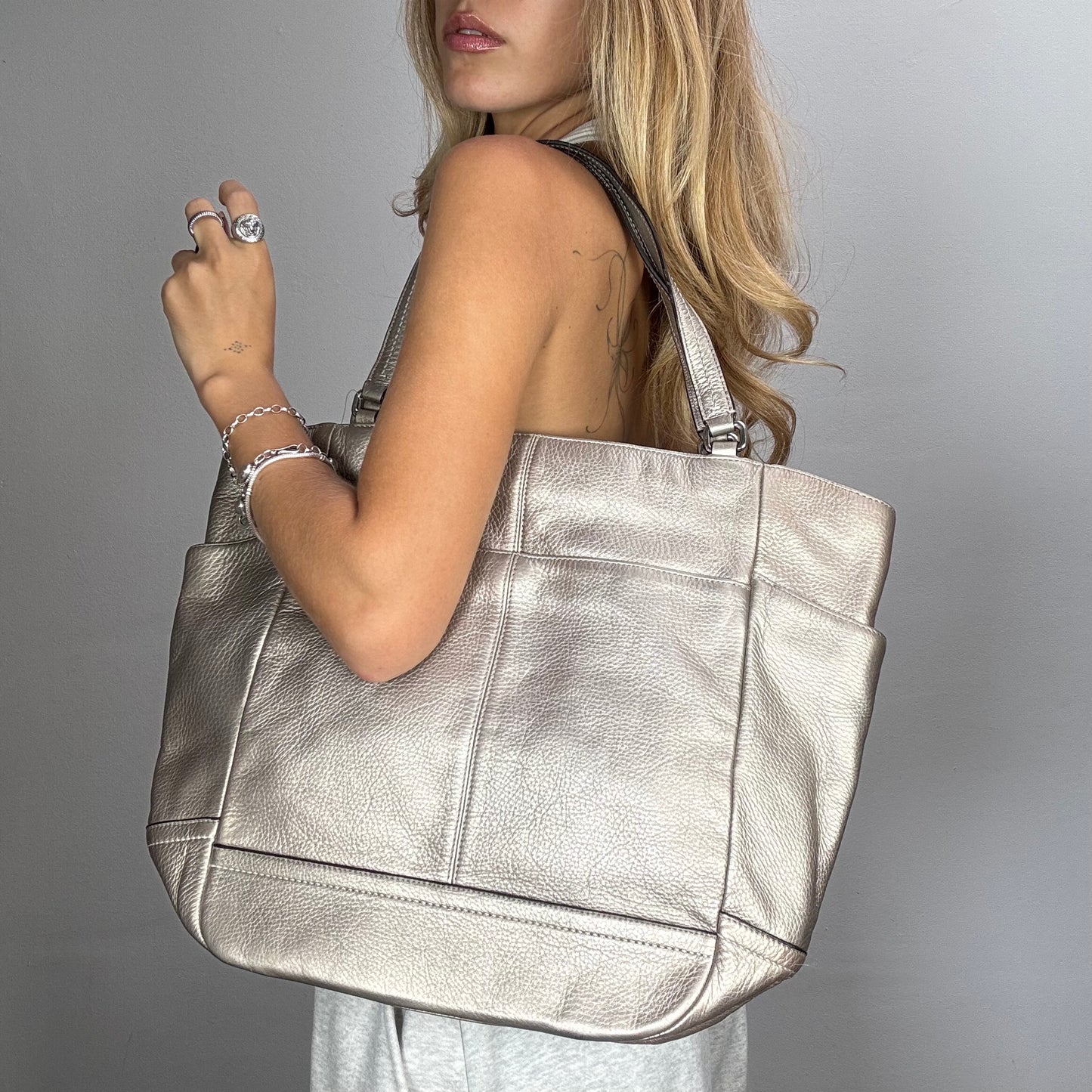 Vintage 2000's Coach Clubwear Metallic Silver Leather Tote Bag (One Size)
