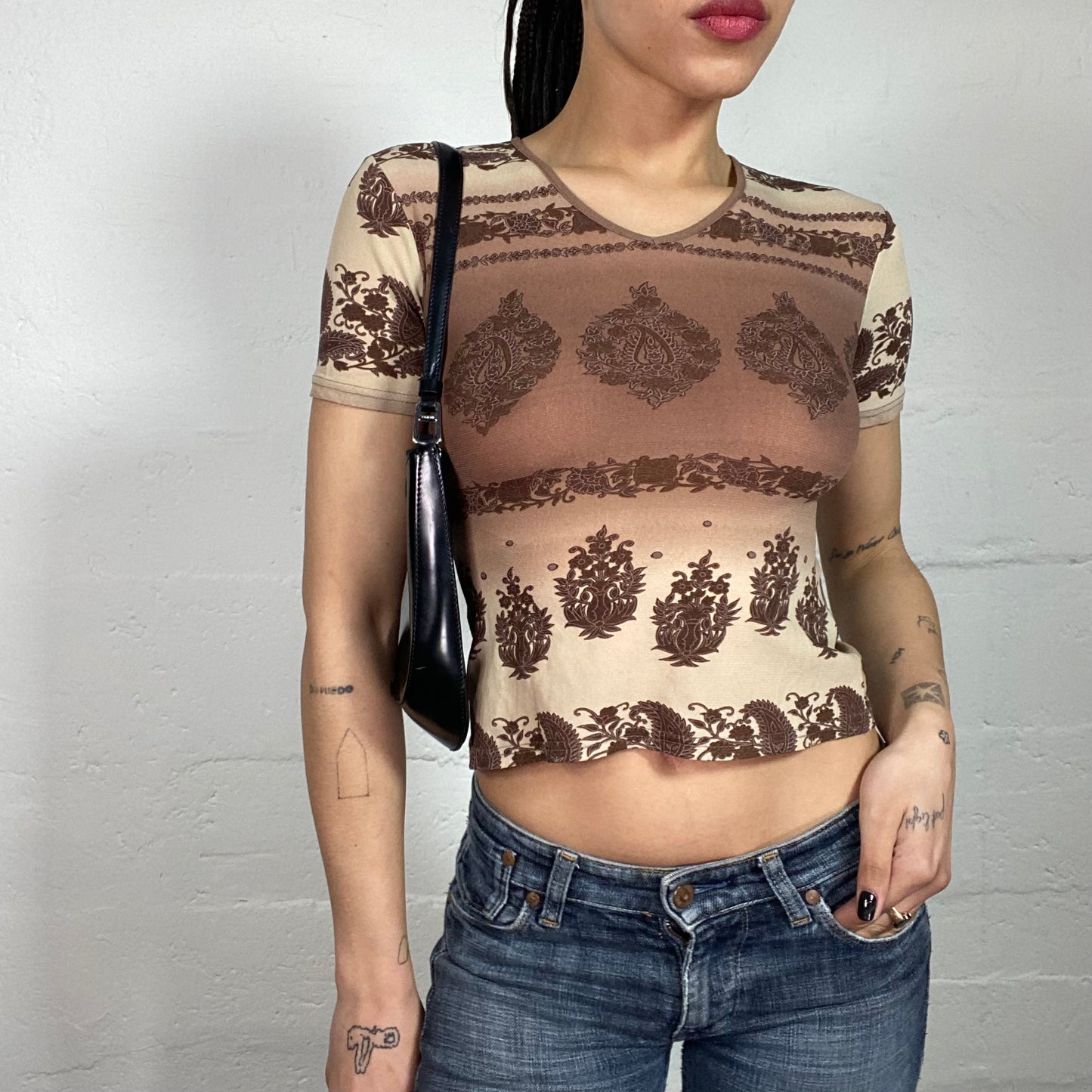 Vintage 90's Boho Style Printed Brown and Beige Cropped Tee with Paisley Print (S)