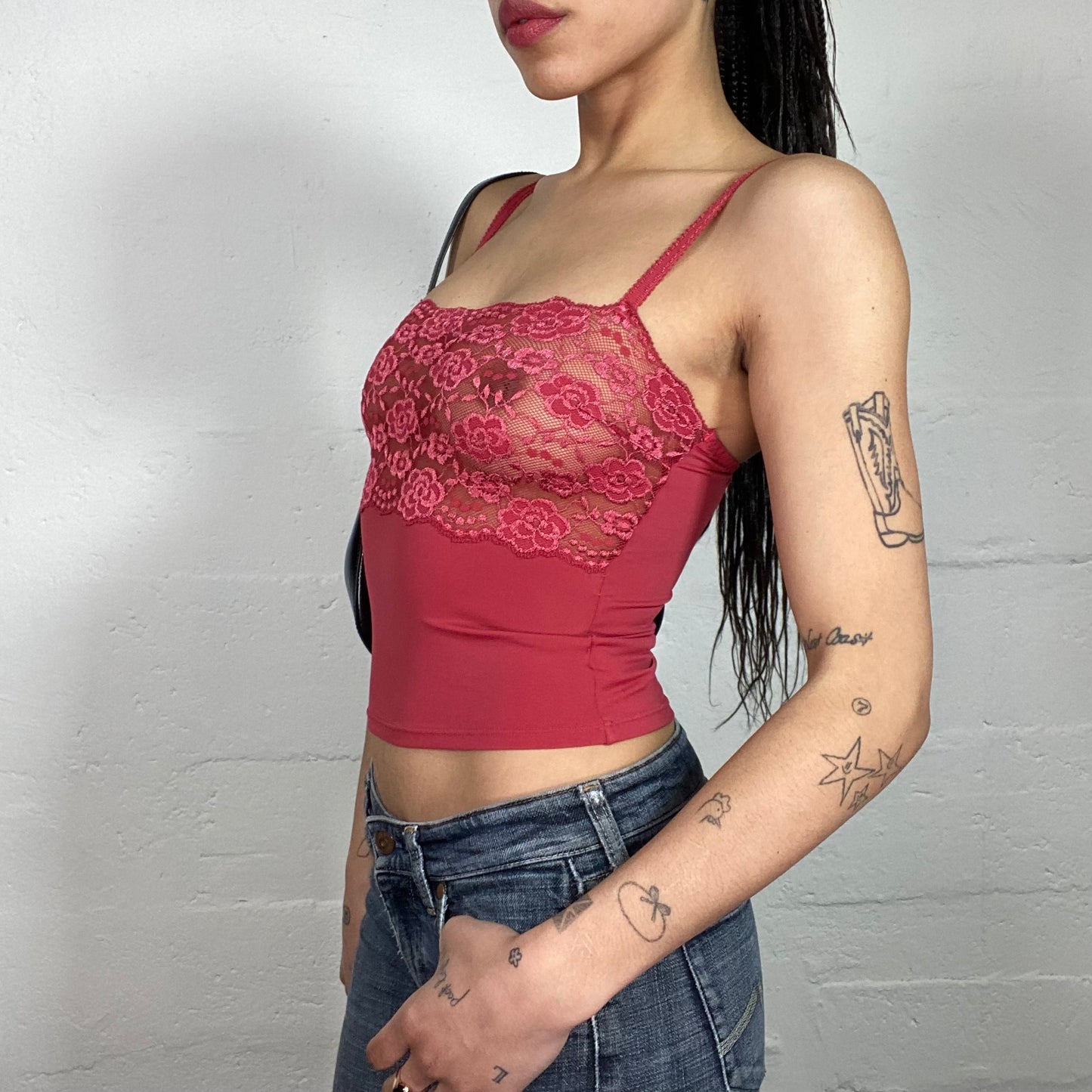 Vintage 90's Romantic Faded Red Cropped Cami Top with Lace See-Through Bra (XS)