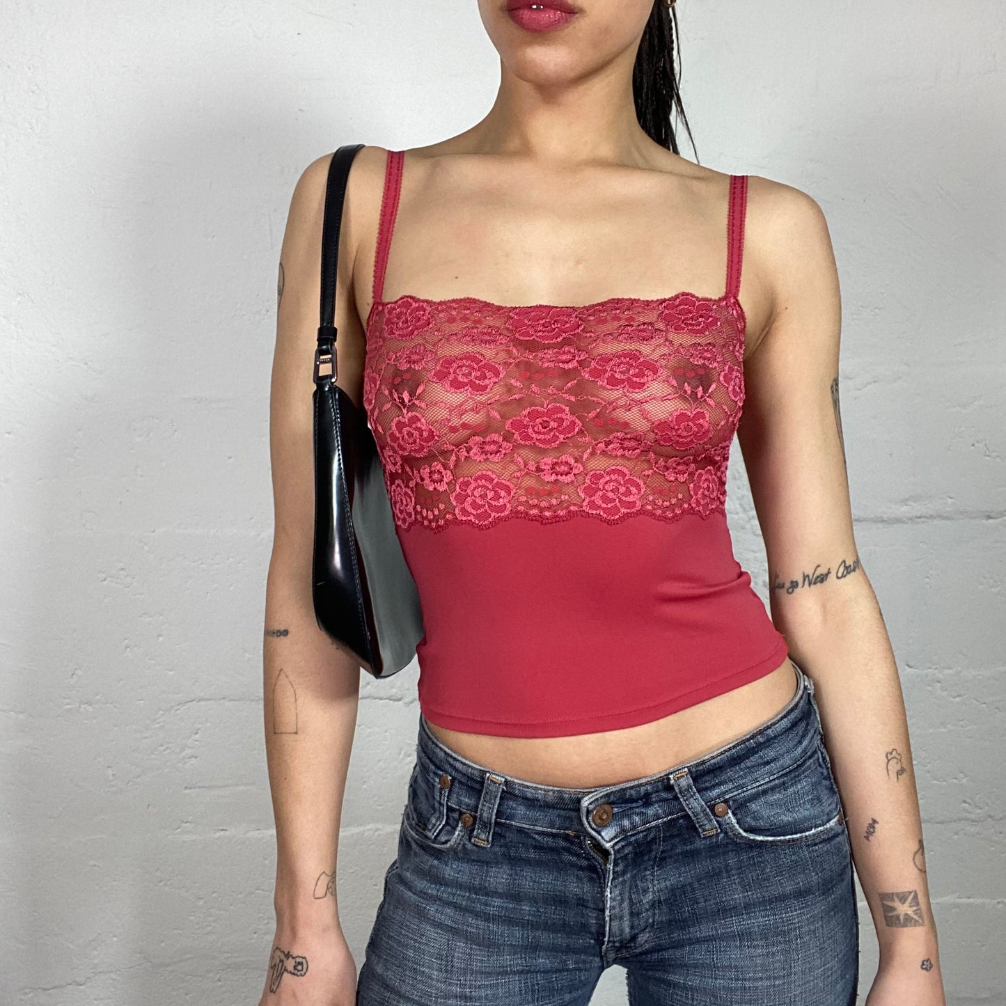 Vintage 90's Romantic Faded Red Cropped Cami Top with Lace See-Through Bra (XS)