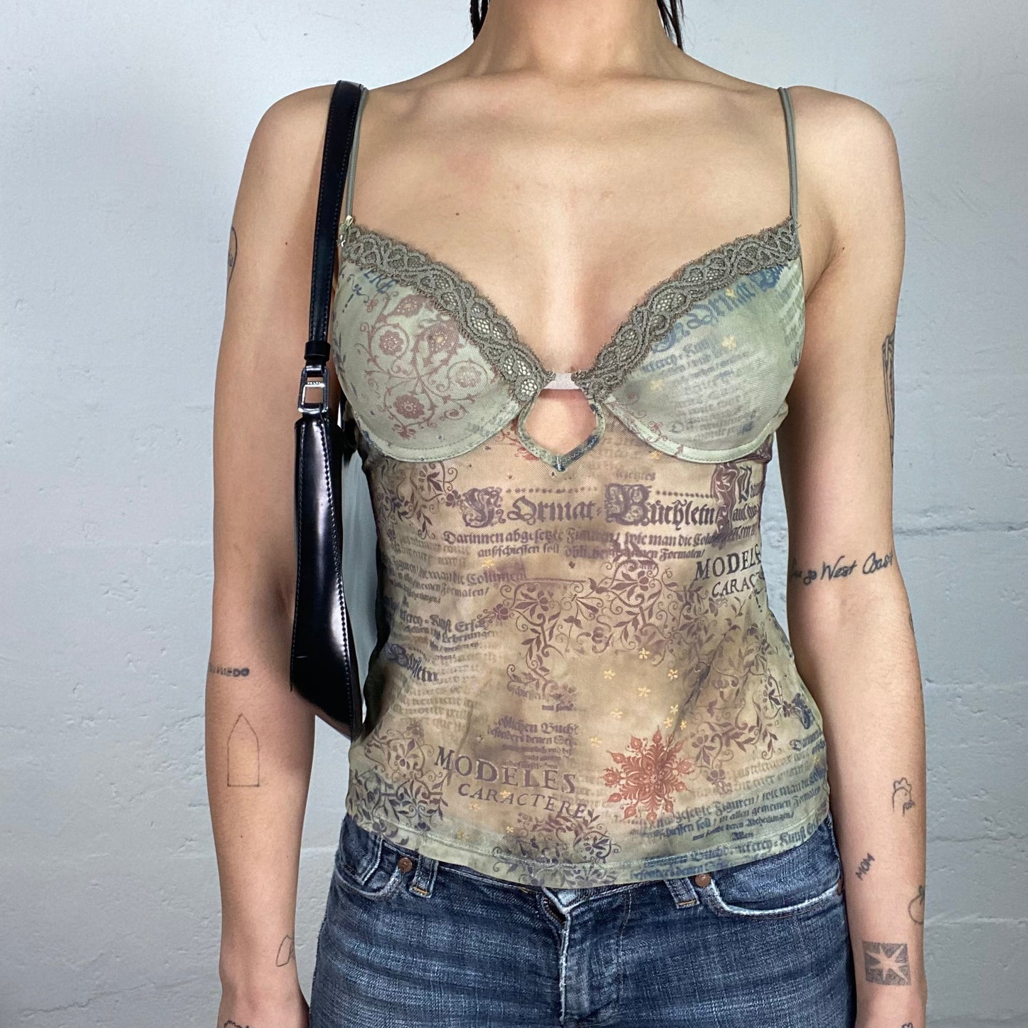 Vintage 90’s Boho Romantic Faded Khaki Lingerie See-Through Printed Corset Top (S)