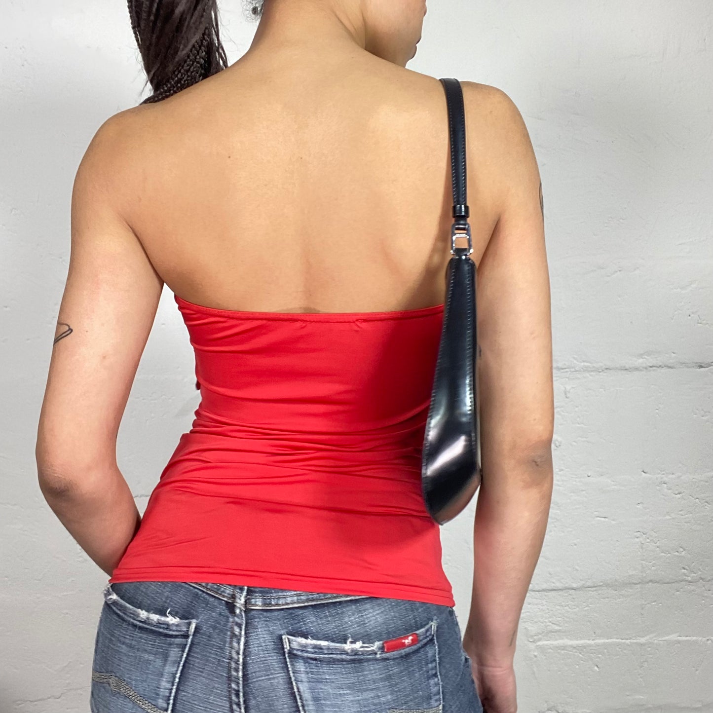 Vintage 2000’s Morgan Glamours Classic Red Draped Tube Top with Shiny Metal Detail (XS)
