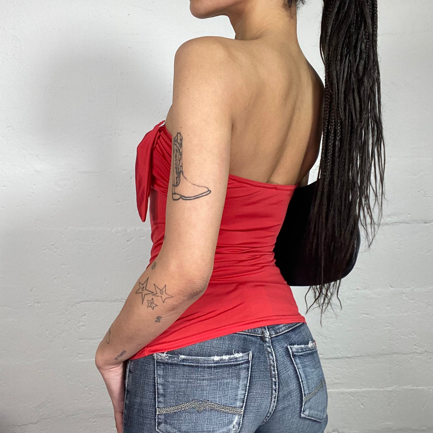 Vintage 2000’s Morgan Glamours Classic Red Draped Tube Top with Shiny Metal Detail (XS)
